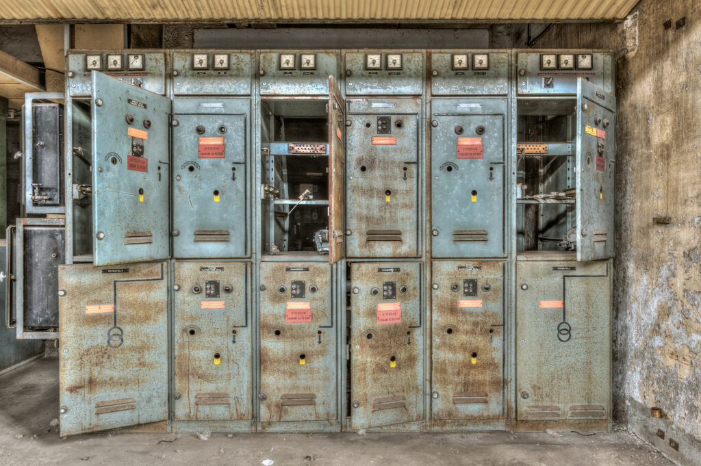 Decayed electrical power cabinets in an abandoned factory